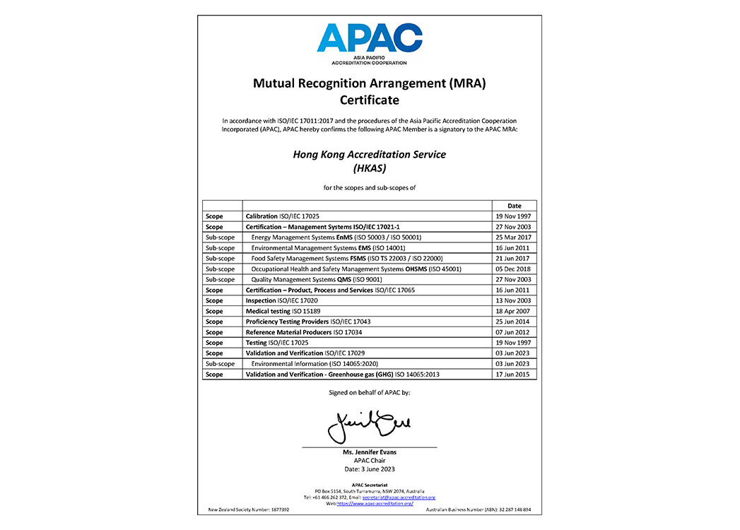 In June 2023, HKAS successfully extended its APAC MRA to Validation and Verification of Environmental Information - ISO/IEC 17029 and ISO 14065:2020